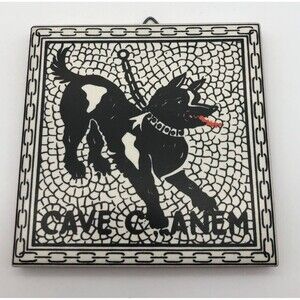 Cave Canem Beware of Dog Pompeii Mosaic Ceramic Wall Tile Hanging 4x4in Italy